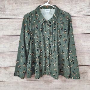 Vermont Country Store Green Floral Corduroy Button Up Shirt Size Small